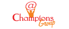 Champions Group logo with a stylized orange human figure holding an @ symbol above their head, and the words ‘Champions’ in red and ‘Group’ in orange cursive.
